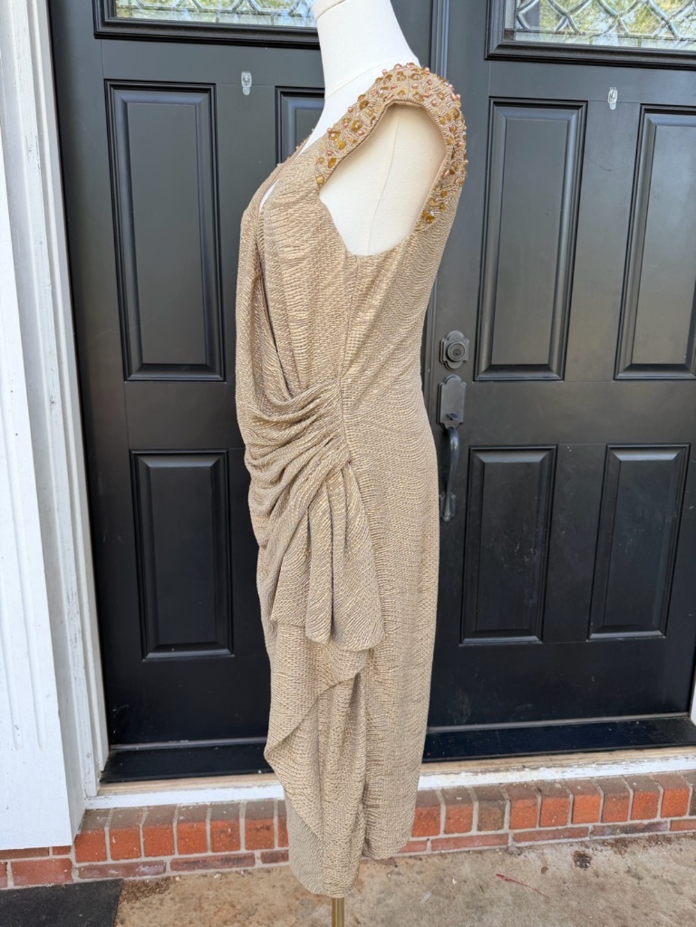 Maggy London Gold Draped Cocktail Dress with Beaded Shoulders Women’s 14 - Picture 4 of 6